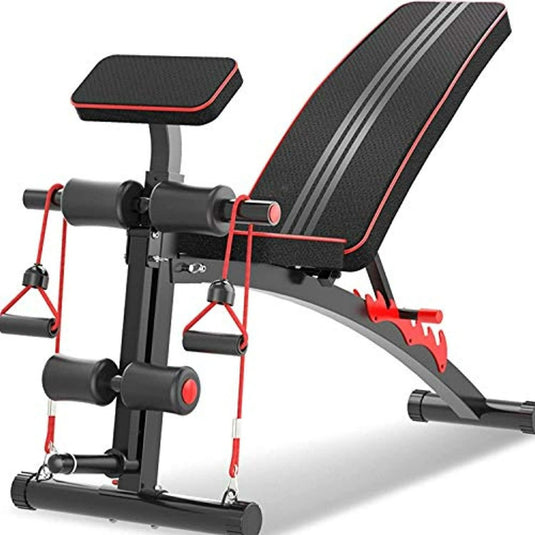 Bereik je fitnessdoelen met onze krachtige halterbank voor fitnessdoelen, een verstelbare fitnessbenk met een rood en zwart ontwerp, perfect voor spiertraining.