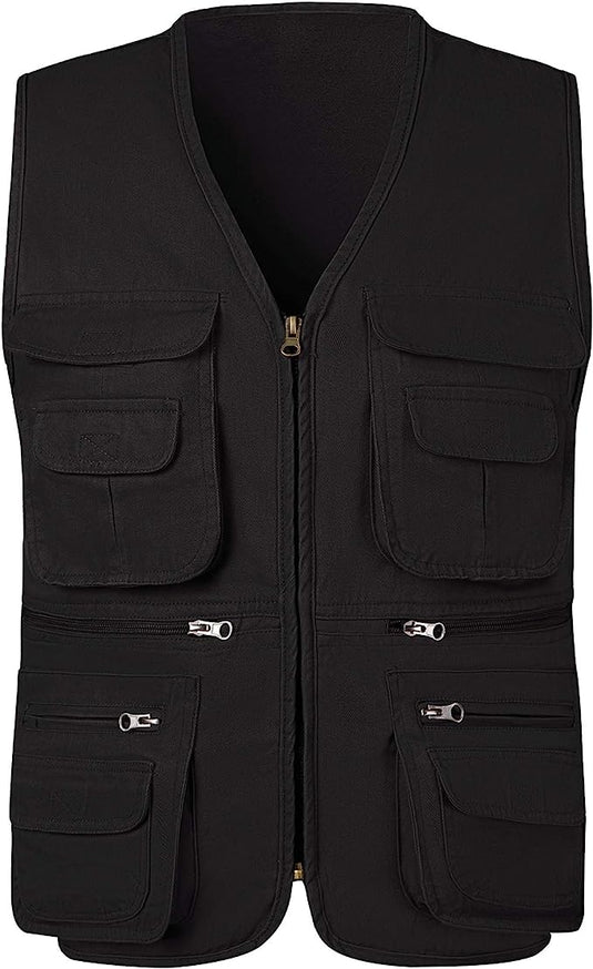 Zwart utility-vest met meerdere zakken voor outdooravonturen.
Productnaam: Multifunctioneel visvest voor heren: de perfecte partner voor al je outdooravonturen