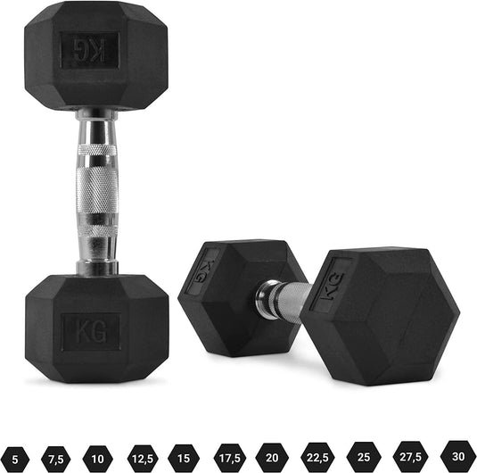 Een set hexagon dumbbells: De ultieme allrounder voor je training met reliëf gewichtsmarkeringen in kilogrammen, ideaal voor krachttraining.