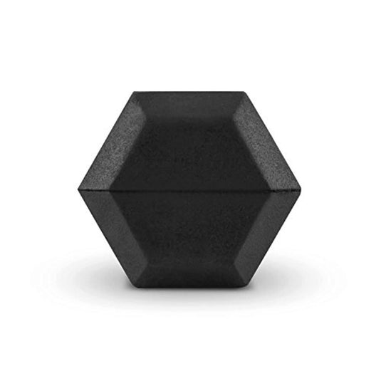 Een zwarte Ontdek de ultieme hexagon dumbbells set op een witte achtergrond, ontworpen voor betere grip.