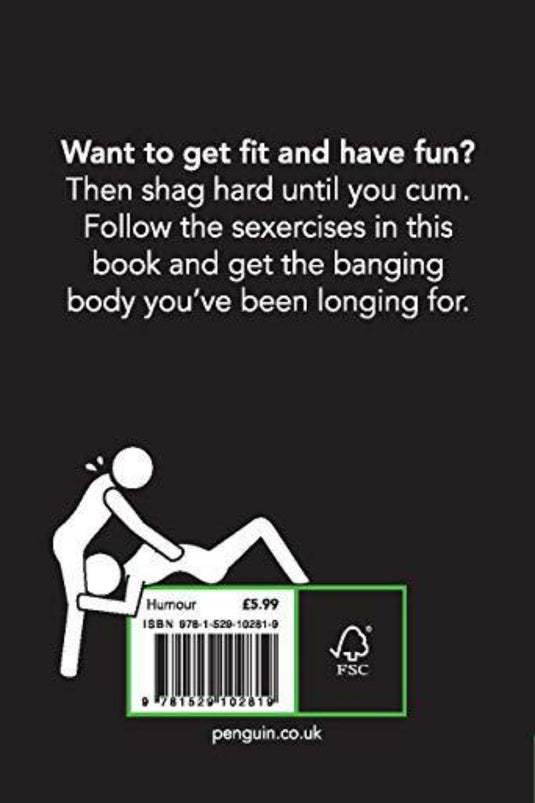 Achterkant van een boek met een humoristische toon, met een illustratie van een stokfiguur en tekst die fitness bevordert door middel van seksuele activiteit, nu High Intensity Intercourse Training genoemd. Inclusief prijs en ISBN-gegevens.