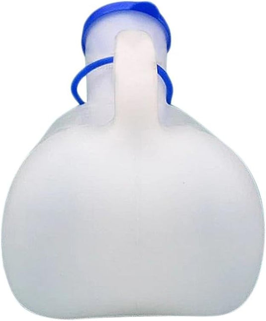 Een draagbare witte plastic fles met een blauw handvat: Je gebruikelijke noodtoilet: de ultieme oplossing voor noodgevallen.