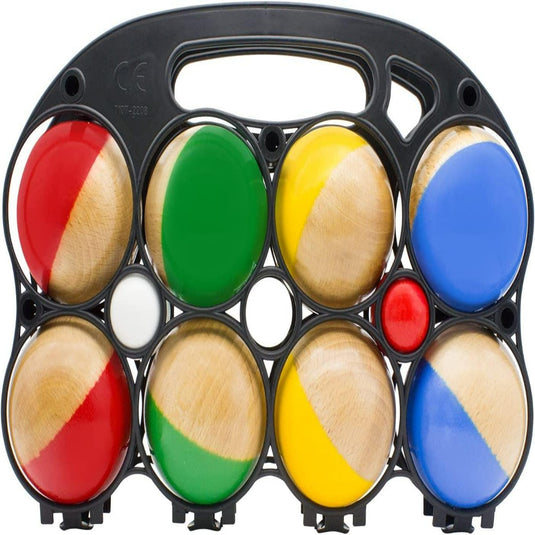 Een jeu de boules-set met meerdere gekleurde cirkels, waaronder rode, groene, blauwe, gele en natuurlijke houtafwerkingen, ontworpen voor muzikaal en familieplezier.