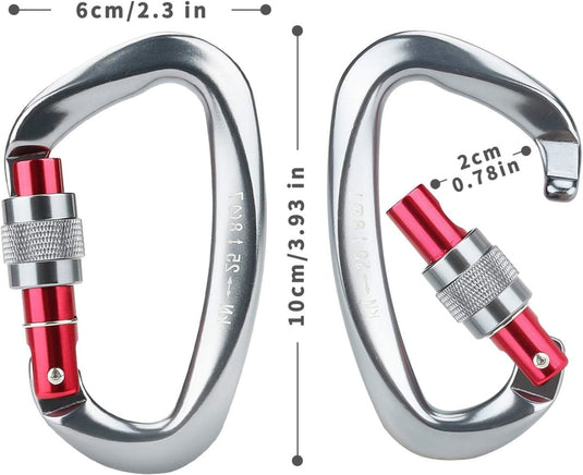 Twee karabijnhaken van aluminium met een schroefvergrendelingsmechanisme en hun afmetingen gelabeld: één is 10 cm (3,93 inch) lang en 6 cm (2,36 inch)