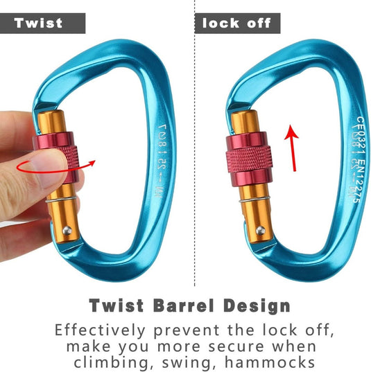 Een blauwe Ontdek de ultieme karabijnhaak van aluminium met een schroefvergrendelingsmechanisme, die de vergrendelde en ontgrendelde posities.