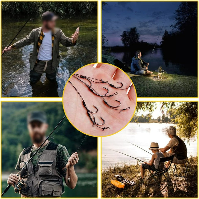 Laad afbeelding in Galerijviewer, Vier foto&#39;s van mensen die met hengels vissen met Karper haken en rigs: de perfecte uitrusting voor elke karpervisser.
