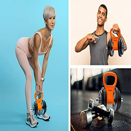 Een vrouw en een man poseren voor een paar Kettlebell-handgrepen en presenteren hun fitnessaccessoires.