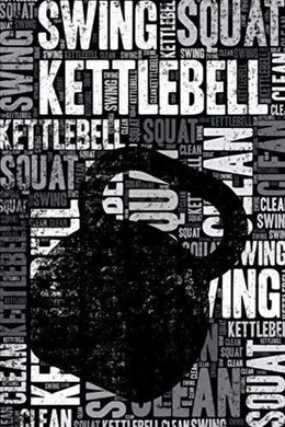 Zwart kettlebell-silhouet met fitnessgerelateerde woorden en 