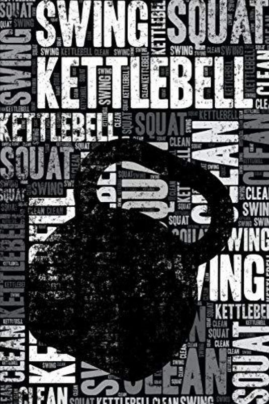Zin met productnaam: Black Kettlebell Journal: Cool Blank Lined Kettlebell Lovers Notebook voor beoefenaars en instructeurs, silhouet op een achtergrond gevuld met fitnessgerelateerde woorden in een wit en zwart kleurenschema, perfect voor het trainingsdagboek van een kettlebell-liefhebber.