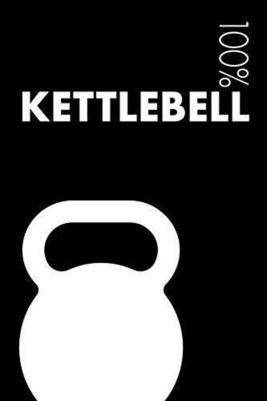 Silhouet van een Kettlebell Notebook met de tekst "100% Kettlebell Notebook: Blank Lined Kettlebell Journal for Practitioner and Coach" erboven weergegeven op een zwarte achtergrond.