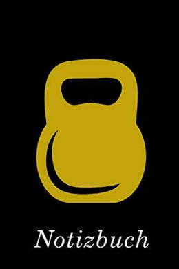 Een geel Kettlebell Notizbuch-pictogram op een zwarte achtergrond met het woord 