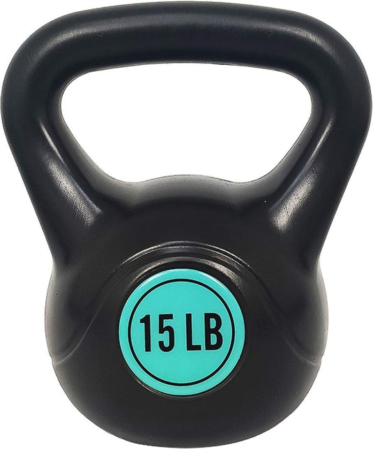 Een duurzame zwarte Kettlebell set: alles wat je nodig hebt voor een complete lichaamstraining met het woord 15 lb erop.