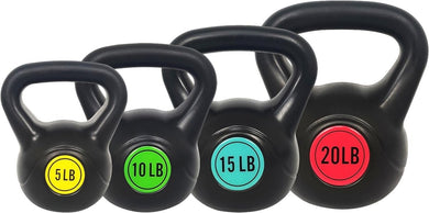 Set van vier kleurgecodeerde Kettlebell-sets: alles wat je nodig hebt voor een complete lichaamstraining voor lichaamstraining met oplopende gewichten van 5 tot 20 pond.