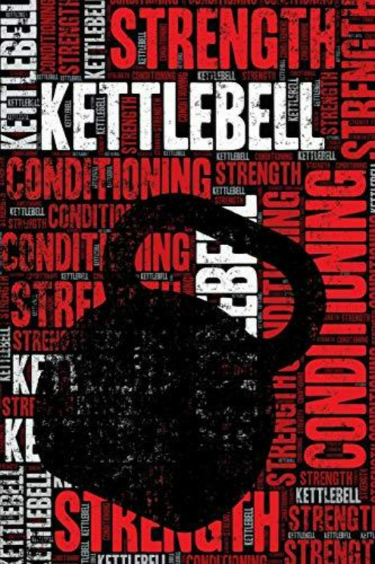 Grafische poster met een zwart Kettlebell Strength and Conditioning Log-silhouet tegen een rood-witte achtergrond, bedekt met verschillende fitnessgerelateerde woorden zoals 'kettlebelltraining' en 'conditionering'.