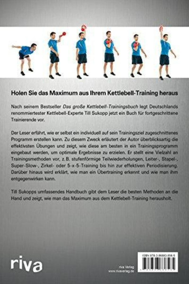 Laad afbeelding in Galerijviewer, Achterkant van een boek met een reeks afbeeldingen van Kettlebell-trainingsoefeningen uitgevoerd door een man, met beschrijvingen in het Duits.

Kettlebell-Training voor Fortgeschrittene: Trainingsplan en de beste methoden.
