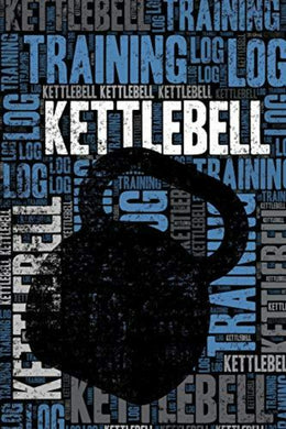 Grafisch ontwerp van een silhouet van een Kettlebell-trainingslogboek en -dagboek tegen een blauwe achtergrond met herhaalde fitnessgerelateerde woorden zoals 'trainingsdagboek' en 'kettlebell-trainingslogboek'.