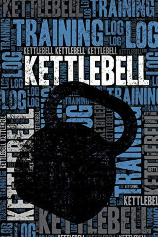 Afbeelding van een zwart Kettlebell-trainingslogboek en dagboeksilhouet tegen een blauwe achtergrond gevuld met verschillende witte teksten met betrekking tot fitness, kettlebell-training en trainingslogboek.