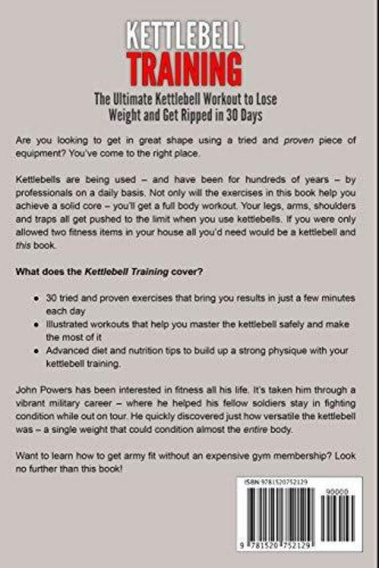 Achterkant van "Kettlebell-training: de ultieme Kettlebell-training om in 30 dagen af te vallen en gescheurd te worden" met beschrijvingen, recensies en streepjescode.