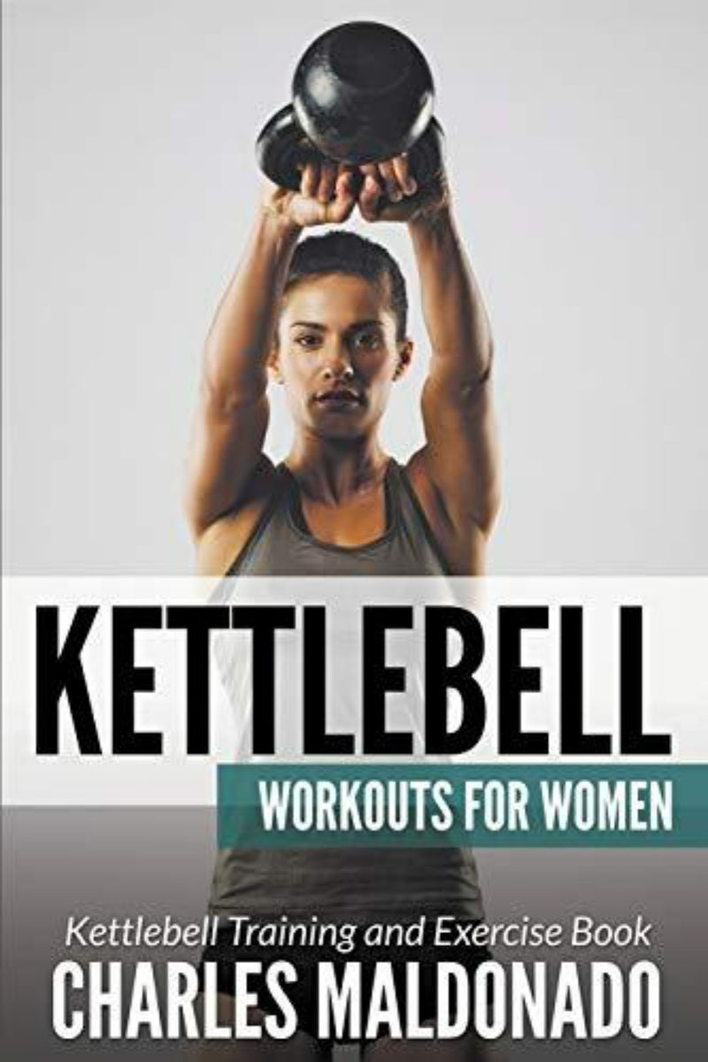 Laad afbeelding in Galerijviewer, Een gefocuste vrouw tilt een kettlebell boven haar hoofd, geïllustreerd op de omslag van een fitnessboek over Kettlebell Workouts For Women: Kettlebell Training and Exercise Book.
