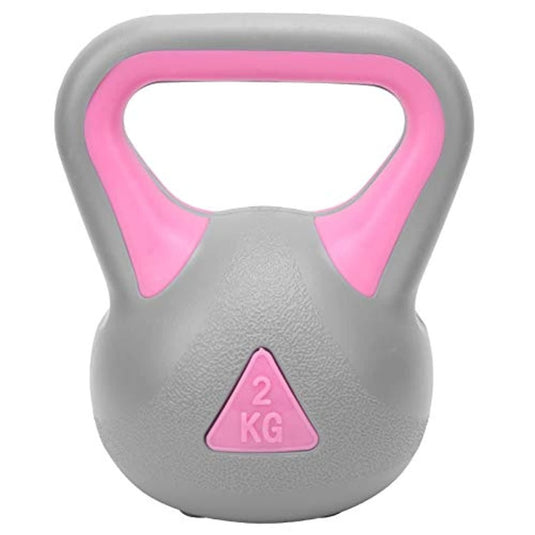 Een kettlebell van 2 kg die op een witte achtergrond rust en de conditie en spieren bevordert.