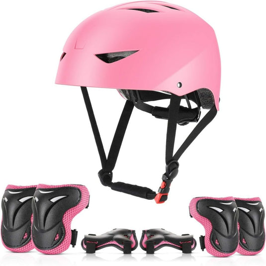 Beschrijving: Een volledige skatebeschermingsset voor kinderen, bestaande uit een roze helm en een paar kniebeschermers. Skatebeschermingsset voor kinderen: veilig en comfortabel.