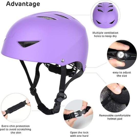 Een foto van een paarse helm met instructies voor het gebruik van de Skate beschermingsset voor kinderen: veilig en comfortabel, perfect voor kinderen die volledige bescherming nodig hebben.