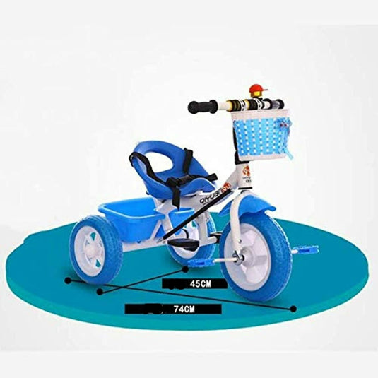 Beschrijving: Ervaar avontuur met onze kinder driewieler - Veilig, stijlvol en leuk! Een stijlvolle kinderdriewieler met een blauwe stoel en blauwe wielen die zorgt voor veiligheid.