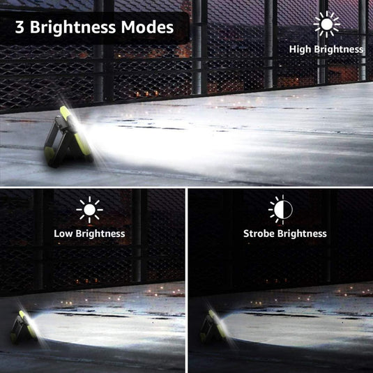 Drie verschillende afbeeldingen van de Draagbare campinglamp: krachtig, duurzaam en multifunctioneel met drie helderheidsmodi.