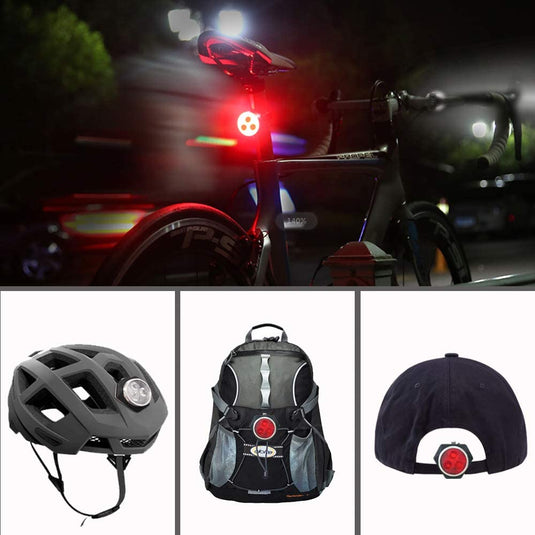 Diverse veiligheidslichten voor fietsers, weergegeven op een helm, rugzak en onder een fietszadel, met ons geavanceerde oplaadbare LED-fietsverlichtingssysteem, dat oplicht in het donker.