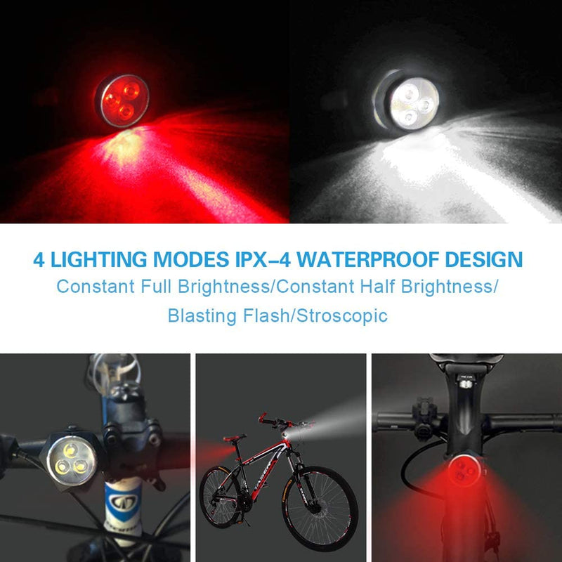 Laad afbeelding in Galerijviewer, Ontdek onze krachtige oplaadbare LED-fietsverlichting met vier verlichtingsmodi en een waterdichte behuizing van ipx-4, gedemonstreerd op een fiets in.
