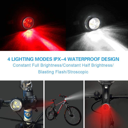 Ontdek onze krachtige oplaadbare LED-fietsverlichting met vier verlichtingsmodi en een waterdichte behuizing van ipx-4, gedemonstreerd op een fiets in.