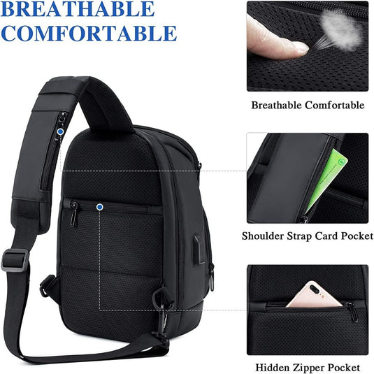 Een waterdichte en veelzijdige crossbody tas in het zwart, met een hoesje voor een mobiele telefoon.