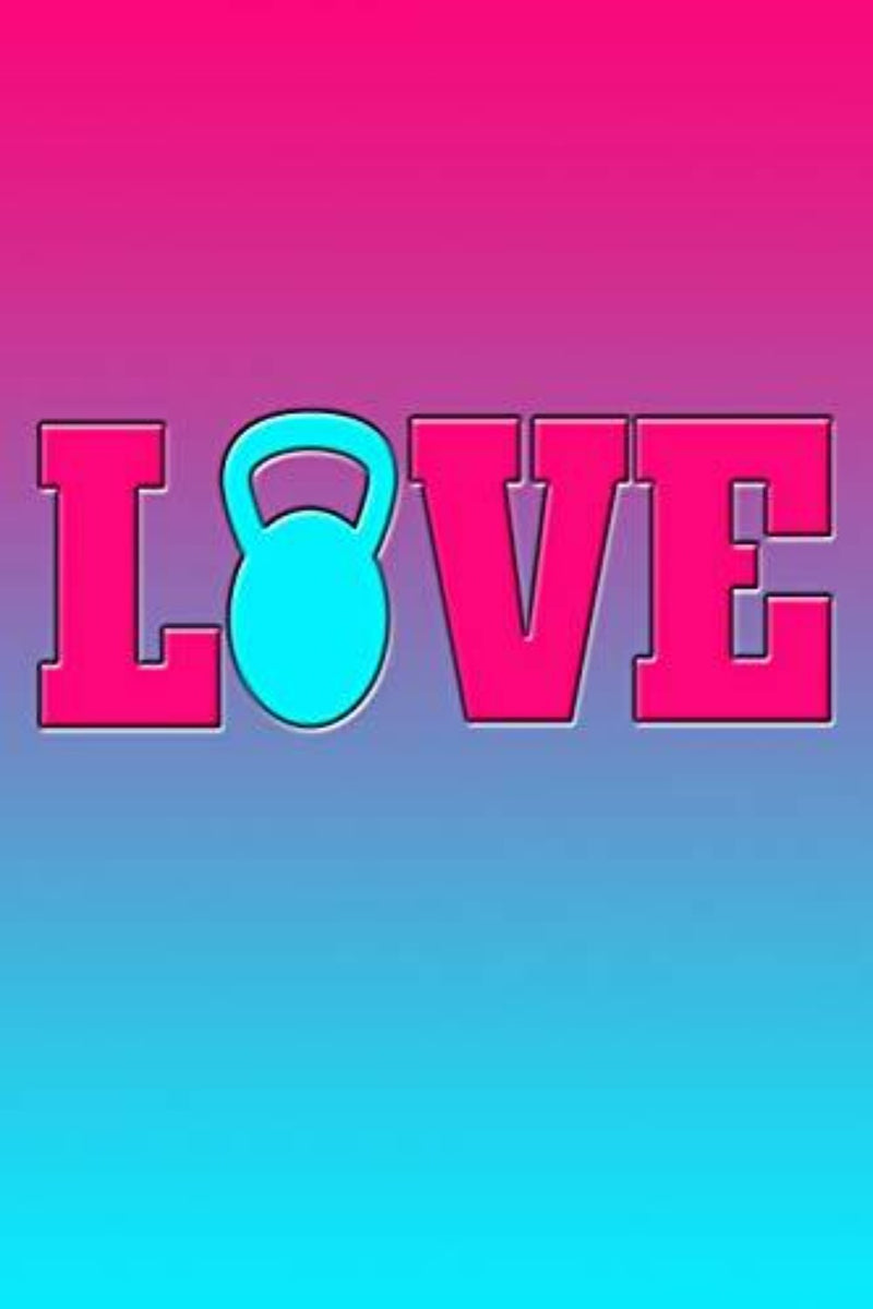Laad afbeelding in Galerijviewer, Een blauwe en roze achtergrond met de productnaam &quot;Love: Great Kettlebell Love Journal&quot;, ontworpen om fitness en gewichtheffen te promoten.
