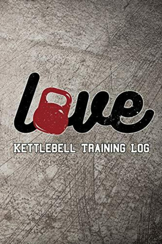 Love Kettlebell Training Log: Houd je trainingsvoortgang bij met het woord 'love' in zwarte en rode letters met een kettlebell-afbeelding ter vervanging van de 'o', getiteld 'kettlebell trainingslogboek' op een gestructureerde grijze achtergrond.