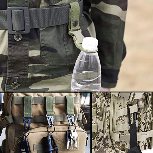 Een collage van details van militaire uitrusting: een jasje met knopen, een waterfles vastgemaakt aan een Tactische riem voor mannen, sleutels die aan een riem hangen en een close-up van een camouflagepatroon.