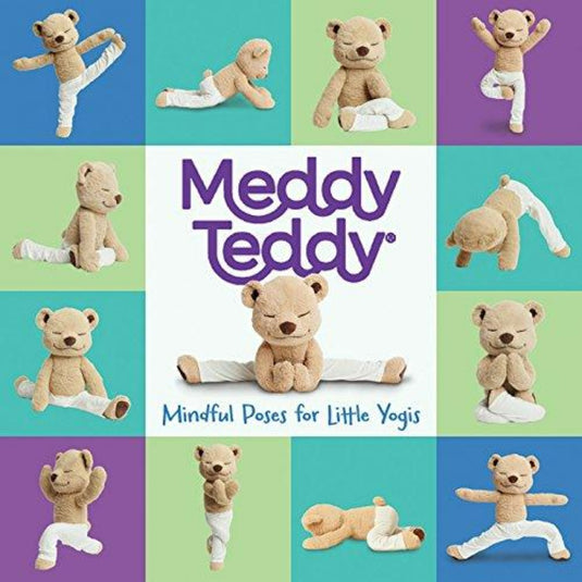 Marketingafbeelding met een verscheidenheid aan Meddy-teddyberen die verschillende yogahoudingen doen, met de tekst "Meddy Teddy" en "mindful poses for small yogis" in het midden.