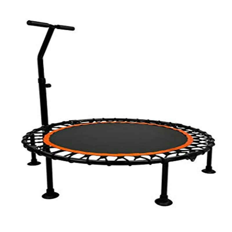 Laad afbeelding in Galerijviewer, Een zwart-oranje mini-fitnesstrampoline voor cardio en krachttraining is afgebeeld op een witte achtergrond en is een uitstekende optie voor gewichtsverlies en cardiotraining.
