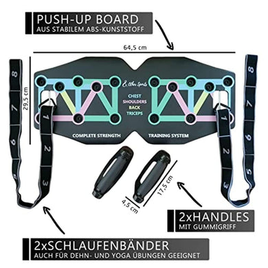 Diagram van een multifunctioneel push-up board voor een complete fitnesstraining met afmetingen en accessoires, die de veelzijdigheid voor kracht- en yoga-oefeningen officieel.