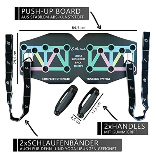 Illustratie van een multifunctioneel push-up board voor een complete fitnesstraining met gelabelde afmetingen en kenmerken, inclusief twee handvatten en weerstandsbanden voor oefeningen.