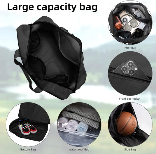 Een promotionele afbeelding van de Onmisbare sporttas voor je volgende avontuur met verschillende compartimenten gevuld met spullen zoals een camera, schoenen, een waterfles en een basketbal.