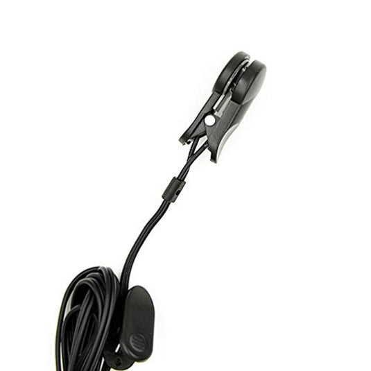 Een zwart snoer met daaraan een microfoon, ontworpen voor het realtime monitoren van Fitness hartslagmeter met oorclip voor optimale prestaties: Houd je hartslag onder controle en verbeter je resultaten!
