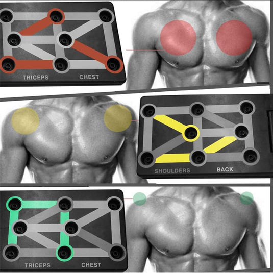 De borst van een man wordt getoond met verschillende gekleurde stippen erop, waarop zijn push-up board te zien is: thuis trainen voor een sterk en gespierd lichaamstraject.