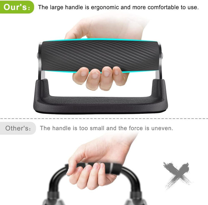 Laad afbeelding in Galerijviewer, Vergelijking van twee push-up handgrepen, waarbij het ergonomische voordeel wordt aangetoond van een groter handvatontwerp ten opzichte van een kleiner, minder comfortabel exemplaar voor effectief trainen en gewrichten ontlasten.
