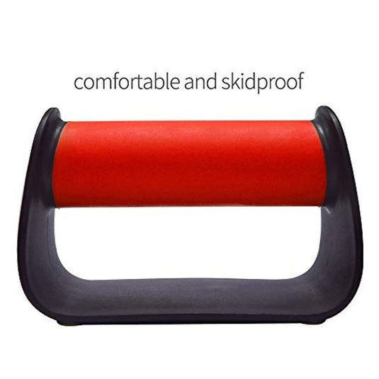 Een close-up van Opdruksteunen met een zwarte plastic handgreep en een centraal rood schuimgedeelte, ontworpen voor push-upprestaties, bestempeld als comfortabel en slipvast.