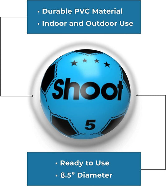 Blauwe PVC voetbal: de perfecte speelkameraad voor je kind met "shoot" tekst en sterren, die de duurzaamheid benadrukken, geschiktheid voor binnen- en buitengebruik, en 8,5" diameter, klaar voor gebruik.