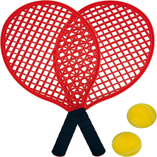 Geniet van eindeloos plezier met onze complete racketset voor geweldige wedstrijden, bestaande uit twee tennisrackets en ballen op een witte achtergrond, met speelplezier en inclusief schuimrubberen ballen.