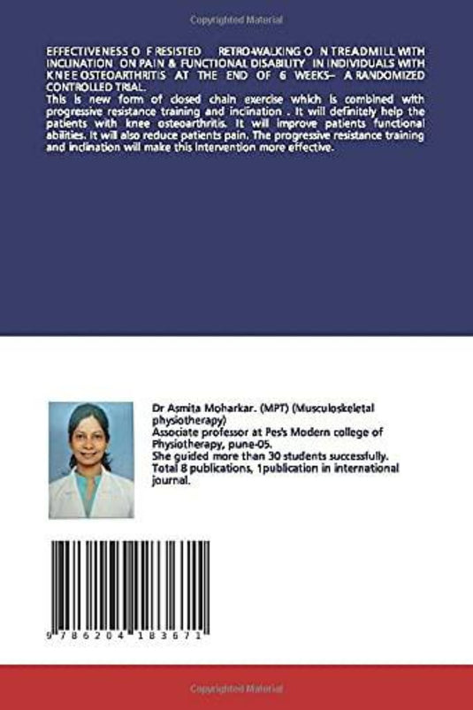 Achterkant van een WEERSTAANDE RETRO-LOOPBAND MET HELLING. met een portret van een Aziatische vrouw, boekdetails en een ISBN-barcode gericht op musculoskeletale fysiotherapie.