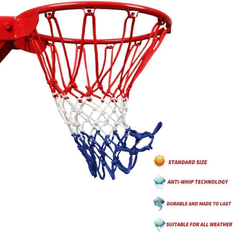Laad afbeelding in Galerijviewer, Een basketbalring met een nylon net dat Sla je basketbaldoel niet in de oorlog is met een versleten net en weerbestendig.
