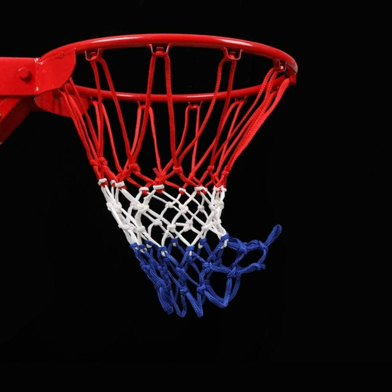 Load image into Gallery viewer, Een basketbalring met rode rand en een professioneel basketbalnet in de kleuren van de Franse vlag.
Productnaam: Sla je Basketbaldoel niet in de oorlog met een versleten net
