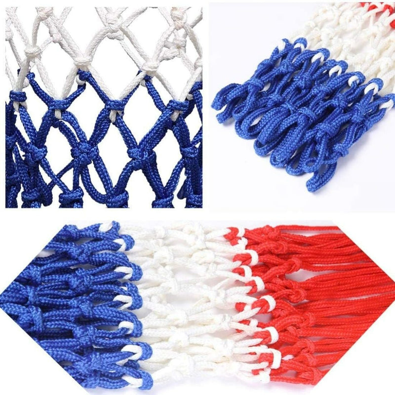 Load image into Gallery viewer, Collage van close-ups van Sla basketbalnetten in verschillende kleuren: wit, blauw en rood, gemaakt van hoogwaardig nylon met anti-whip-technologie.

